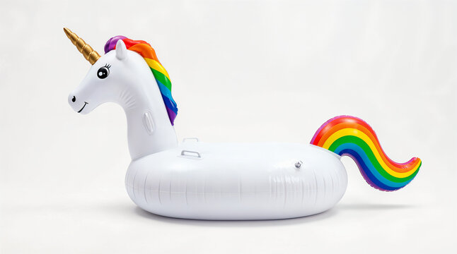 Inflatable unicorn pool float with colorful rainbow mane standing against a plain white background