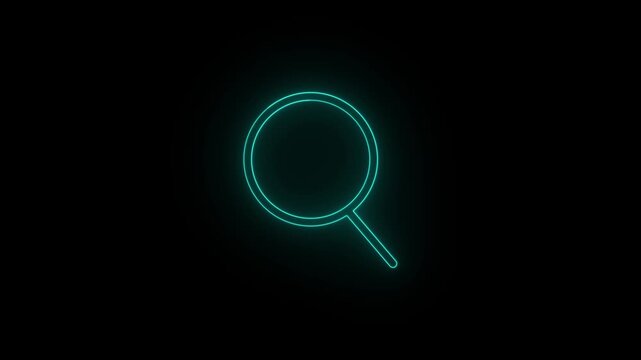 neon search icon animation. outline neon magnifying glass icon on black background.