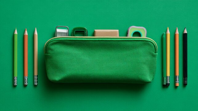 Green pencil case with colorful school stationery on green background, organized student supplies for classroom learning, education, back to school, writing and drawing activities, study essentials an