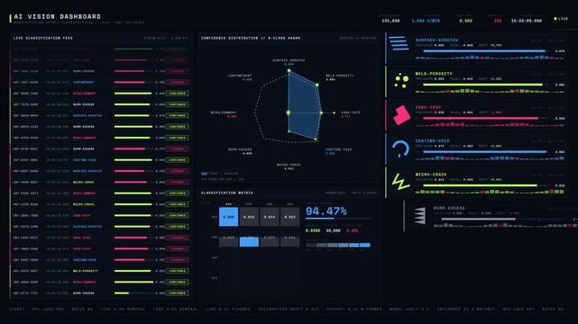 Real-time AI vision dashboard for manufacturing defect classification featuring a neon color scheme and dynamic data visualization elements. for commercial creative technology and business use.