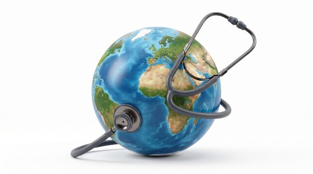Stethoscope wrapped around a globe representing world health