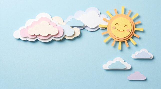 Sun and clouds paper craft background with cheerful cute sun and pastel colorful clouds on light blue
