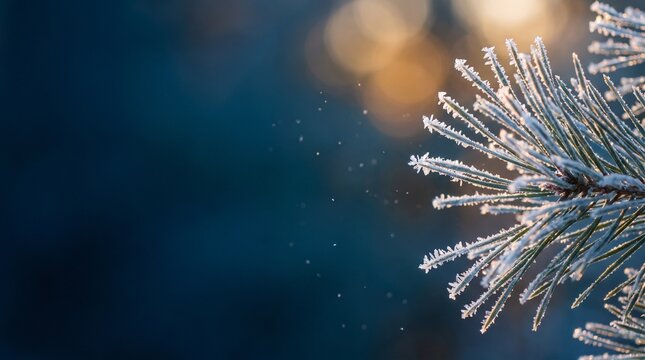 Close-up of a pine branch covered in sparkling frost against a blurred blue and golden background, capturing the essence of a cold winter morning.