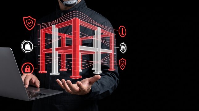 Structural engineer holding a glowing red digital wireframe of a building frame architecture model while using a modern laptop for professional industrial site planning analysis