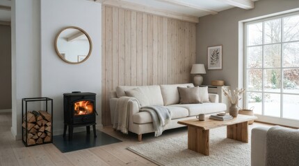 Fototapeta premium Cozy living room interior with a burning wood stove and neutral Scandinavian design elements