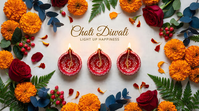 Choti diwali celebration greeting card with three burning oil lamps and bright orange marigold flowers and rose petals frame