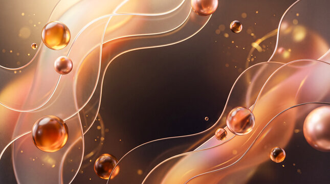 Abstract Luxury Background with Flowing Frosted Glass Waves and Floating Bronze Spheres