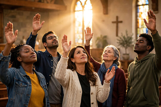 Christian youth group holding hands praying worship together in circle around open bible for devotional fellowship meeting concept on wooden table