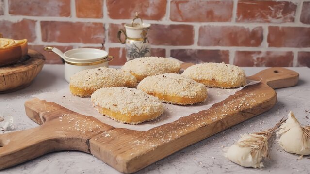 Breaded cutlets arranged on wooden cutting board