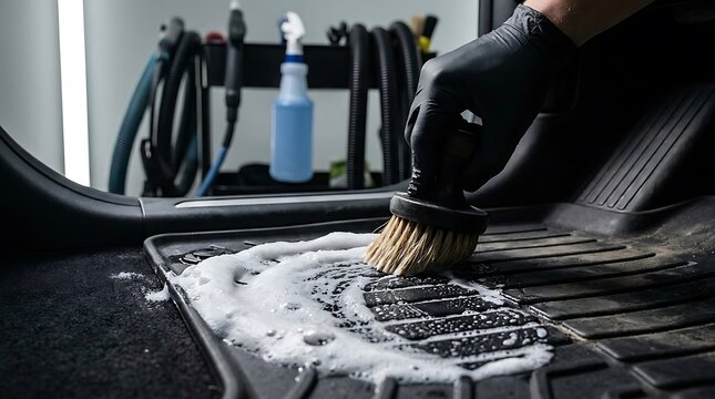 Professional car interior detailing service scrubbing rubber floor mats with brush and foam for deep cleaning restoration