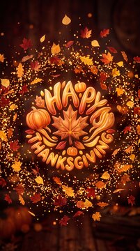 Happy Thanksgiving greeting text with pumpkins and autumn leaves on glowing festive background