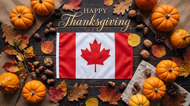 Happy Thanksgiving greeting with the Canadian flag, pumpkins, and autumn leaves on a dark wood background.