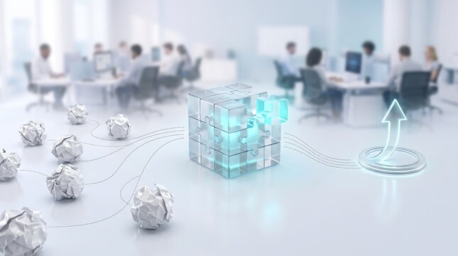 Project management and data synthesis concept with glass puzzle cube and upward arrow representing organized business workflows and successful corporate operational efficiency