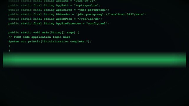 Cinematic slow push-in on a dark programming environment as a Java class is typed sequentially. A data flow sweep highlights the completion of the code execution before seamlessly looping.