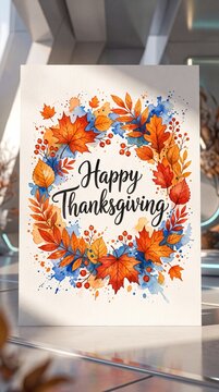 Happy Thanksgiving watercolor wreath of colorful autumn leaves on a white card.