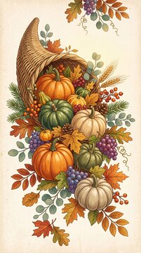 Harvest cornucopia overflowing with pumpkins gourds grapes and autumn leaves for Thanksgiving celebration