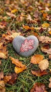 Heart shaped stone with red leaf engraving lying on colorful autumn forest floor leaves.