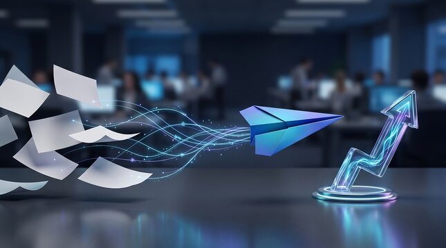 Blue paper airplane flying towards glowing glass arrow chart representing growth and success in business strategy and digital communication concepts in a modern corporate office