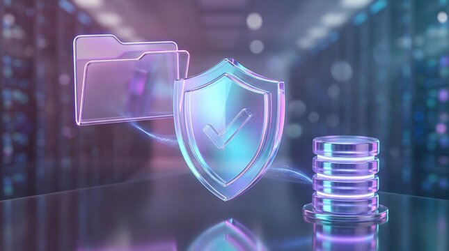 Digital glass folder icon protected by a glowing shield next to a server database in a secure data storage center representing cybersecurity and information management systems