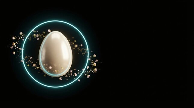 Abstract smooth white egg floating inside glowing neon blue circular ring light with scattered golden particles easter abstract particles lighting circular floating minimalist easter