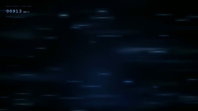 Abstract blue digital data stream with fast moving light particles and futuristic hud elements