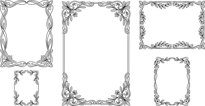 Vintage art nouveau frame set, ornate floral borders vector collection of 5, black line art decorative rectangular frames for wedding invitations