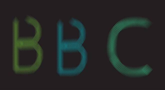 Bbc letters formed by intersecting diagonal line patterns in gradient colors