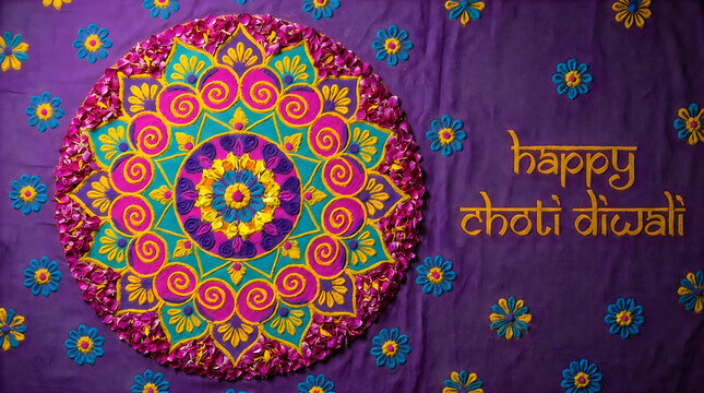 Colorful mandala design for happy choti diwali greeting card with traditional indian floral patterns on a dark purple background