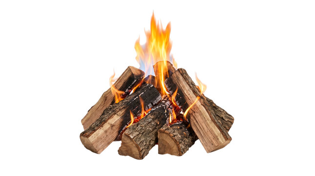 Bright burning campfire with stacked wooden logs emitting orange flames and glowing hot embers captured with high detail in a isolated style on transparent background