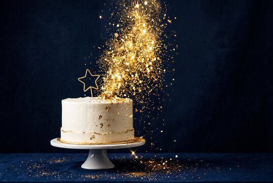 Elegant white cake with a gold star topper and magical gold glitter explosion on a dark blue background.
