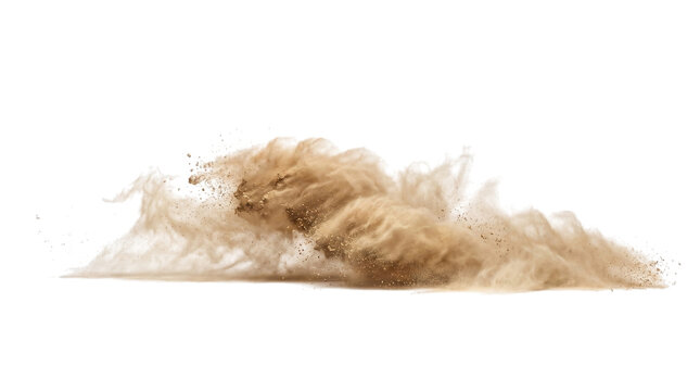 Dynamic explosion of dry desert sand particles captured in high speed motion while floating elegantly through the crisp air creating a textured effect on transparent background
