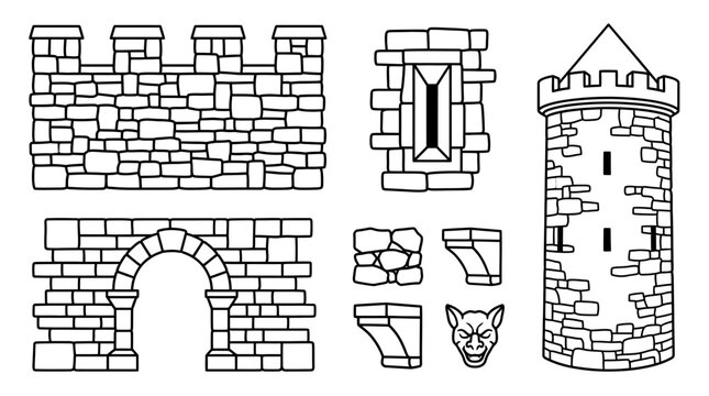Medieval Castle Elements - Stone Wall, Archway, Tower, Window