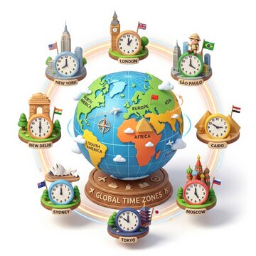 World time zones concept with globe and clocks isolated on white background
