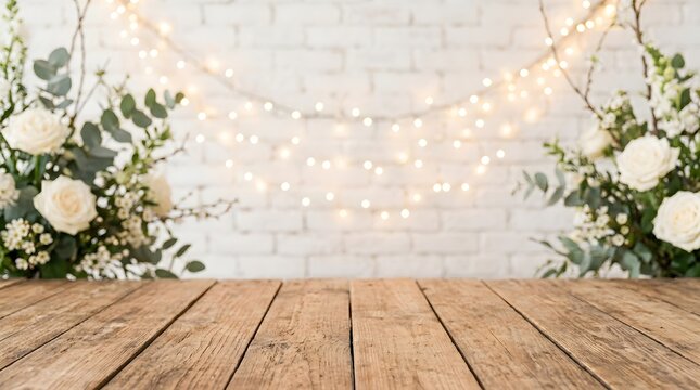 Elegant wedding floral arrangement with white roses and greenery over a rustic wood table