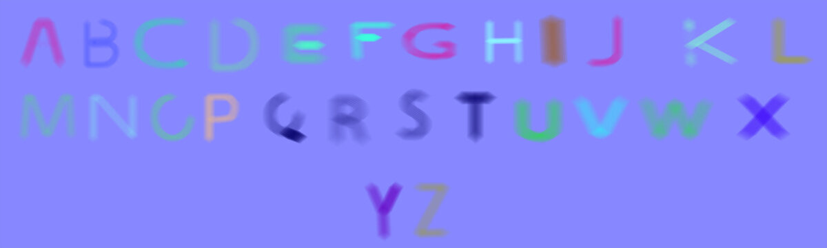Colorful alphabet A to Z set with glitch and motion blur effects on a light blue background