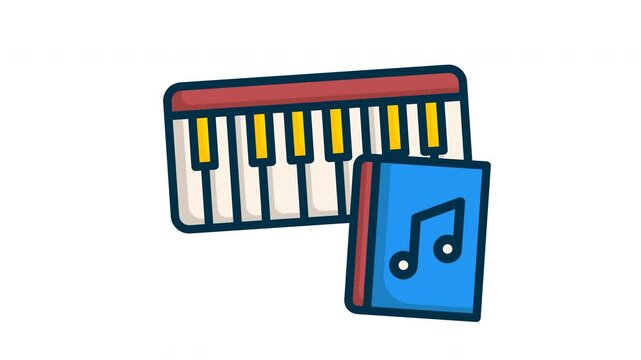 Animated music learning concept. Flat 2D motion graphic showing a piano keyboard and a blue book with a musical note in a seamless loop on transparent background.