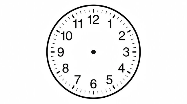 Blank clock face with numbers and markers during bright studio lighting isolated on transparent background