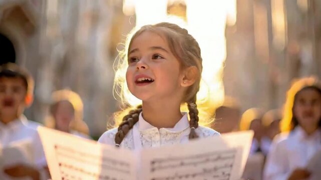 a young girl joyfully sings from sheet music, illuminated by warm light, with a blurred group of children singing behind her.	video
