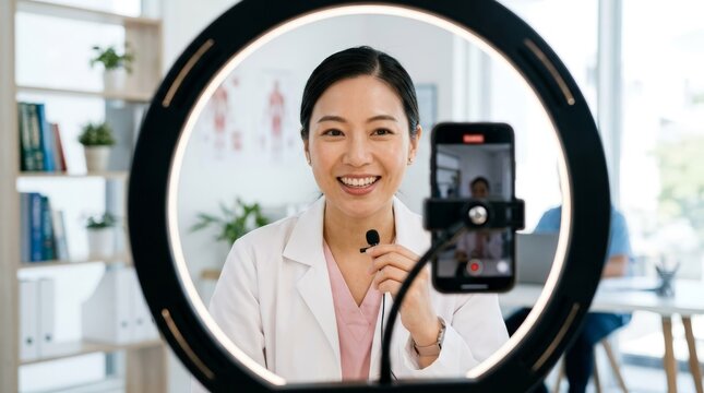 Smiling Asian Female Doctor Recording Telemedicine Video Vlog on Smartphone with Ring Light in Modern Clinic