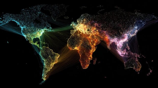 Vibrant Global Connectivity Visualization with Colorful Light Trails Across the World Map in Dark Background