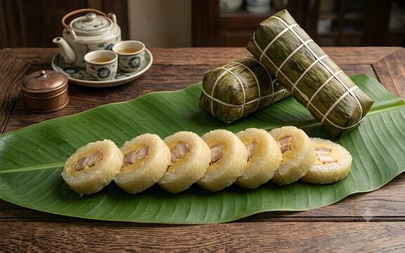 B&aacute;nh T&eacute;t (traditional Vietnamese cylindrical glutinous rice cake), a staple dish during the Lunar New Year (Tết) holiday