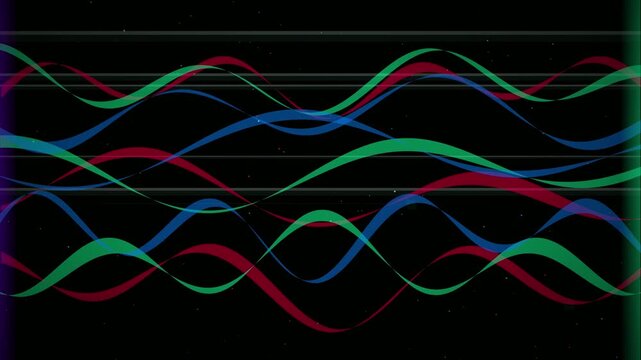 Abstract colorful flowing wave lines moving across a dark background for technology and data concepts