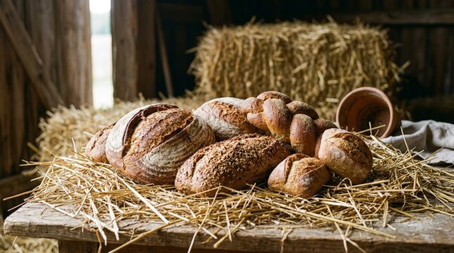 Fresh artisan sourdough bread and multigrain loaves arranged on rustic wooden table with straw in barn for bakery food concept
