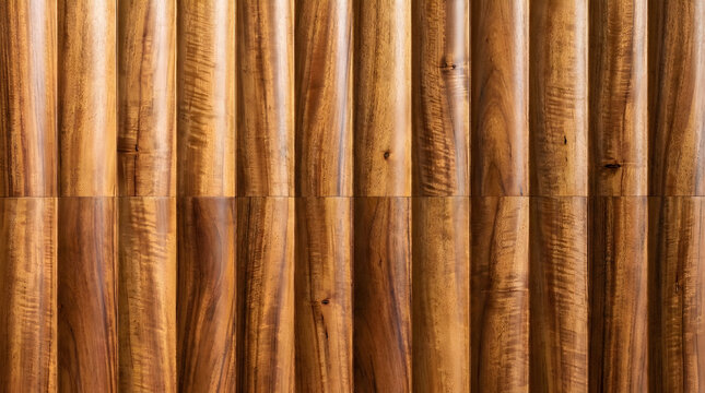 Natural wood fluted wall paneling, decorative vertical timber slats with organic grain texture, brown walnut wood cladding for interior design