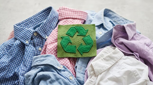Textile Recycling and Sustainable Fashion Concept with Green Recycle Symbol on Pile of Second Hand Clothes for Circular Economy
