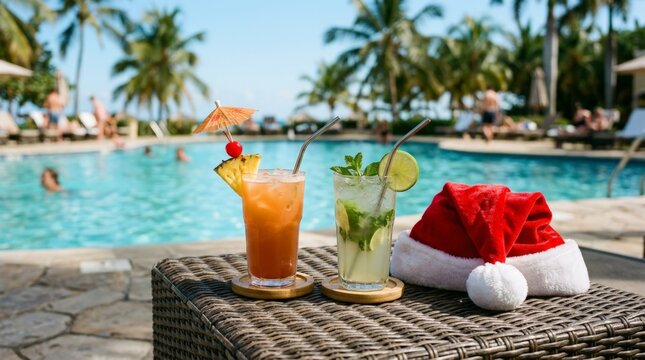 Tropical Christmas Vacation with Festive Cocktails and Santa Claus Hat by Luxury Resort Swimming Pool