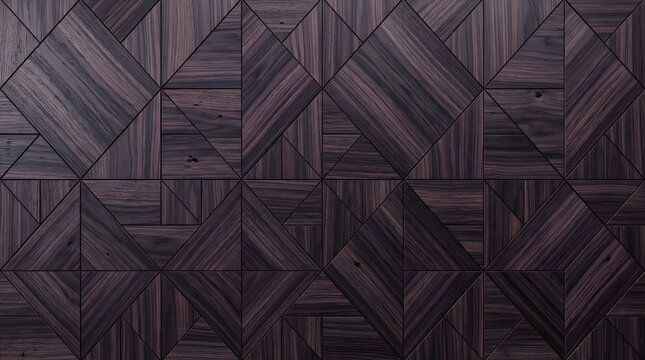 Geometric dark wood paneling texture, luxury walnut timber wall background, elegant marquetry wooden pattern for interior design