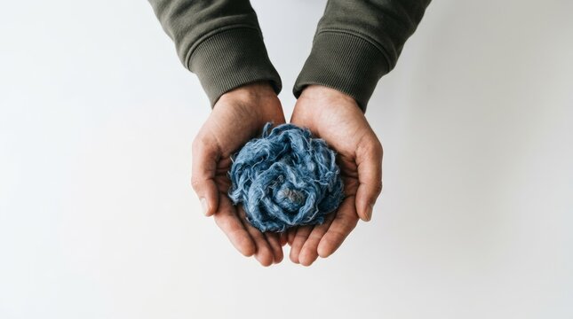 Person Hands Holding Recycled Denim Cotton Fiber Ball for Sustainable Textile and Eco Friendly Circular Fashion Industry