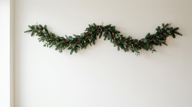Christmas Garland with Pine Branches Eucalyptus and Fairy Lights on White Wall Background with Copy Space