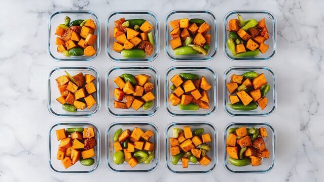 Overhead grid of vegetable meal prep containers
